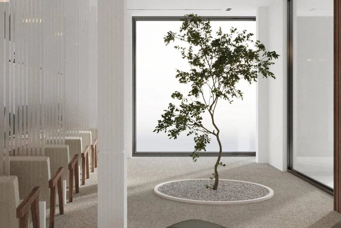 Calm atrium with an indoor tree at Ibn Al-Nafees Hospital